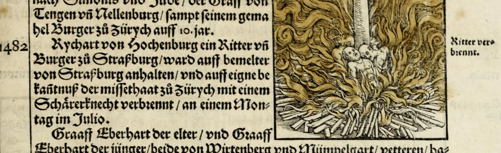 An illustration from Gemeiner loblicher Eydgnoschafft Stetten, Landen vnd Völckeren Chronick wirdiger Thaaten Beschreybung : hieriñ wirt auch die Gelegenheit der gantzen Europe : item ein kurtzuer griffne Chronica Germanie oder Teütschlands : in sonders aber ein fleyssige histori vnd ordenliche Beschreybung Gallie oder Franckrychs fürgestellt : darauff deñ obgedachte der Eydgnoschafft Beschreybung volget ..., 1548, leaf 501
