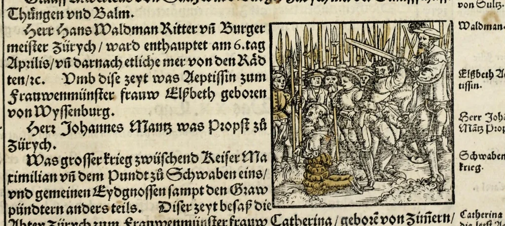 An illustration from Gemeiner loblicher Eydgnoschafft Stetten, Landen vnd Völckeren Chronick wirdiger Thaaten Beschreybung : hieriñ wirt auch die Gelegenheit der gantzen Europe : item ein kurtzuer griffne Chronica Germanie oder Teütschlands : in sonders aber ein fleyssige histori vnd ordenliche Beschreybung Gallie oder Franckrychs fürgestellt : darauff deñ obgedachte der Eydgnoschafft Beschreybung volget ..., 1548, leaf 501