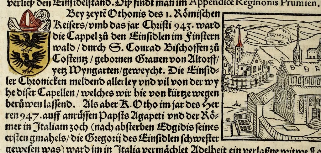 An illustration from Gemeiner loblicher Eydgnoschafft Stetten, Landen vnd Völckeren Chronick wirdiger Thaaten Beschreybung : hieriñ wirt auch die Gelegenheit der gantzen Europe : item ein kurtzuer griffne Chronica Germanie oder Teütschlands : in sonders aber ein fleyssige histori vnd ordenliche Beschreybung Gallie oder Franckrychs fürgestellt : darauff deñ obgedachte der Eydgnoschafft Beschreybung volget ..., 1548, leaf 508