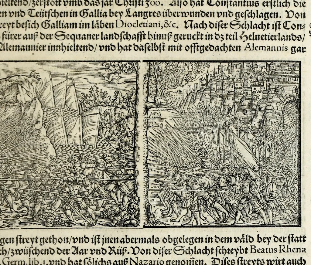 An illustration from Gemeiner loblicher Eydgnoschafft Stetten, Landen vnd Völckeren Chronick wirdiger Thaaten Beschreybung : hieriñ wirt auch die Gelegenheit der gantzen Europe : item ein kurtzuer griffne Chronica Germanie oder Teütschlands : in sonders aber ein fleyssige histori vnd ordenliche Beschreybung Gallie oder Franckrychs fürgestellt : darauff deñ obgedachte der Eydgnoschafft Beschreybung volget ..., 1548, leaf 55