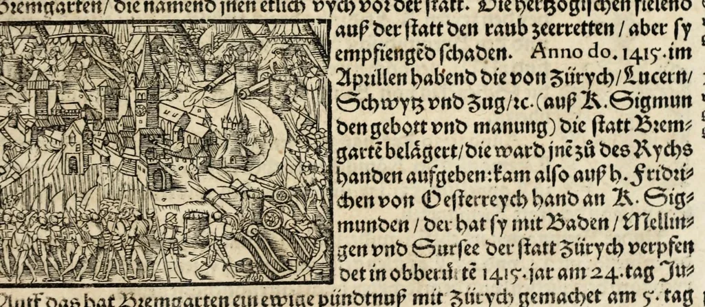 An illustration from Gemeiner loblicher Eydgnoschafft Stetten, Landen vnd Völckeren Chronick wirdiger Thaaten Beschreybung : hieriñ wirt auch die Gelegenheit der gantzen Europe : item ein kurtzuer griffne Chronica Germanie oder Teütschlands : in sonders aber ein fleyssige histori vnd ordenliche Beschreybung Gallie oder Franckrychs fürgestellt : darauff deñ obgedachte der Eydgnoschafft Beschreybung volget ..., 1548, leaf 551