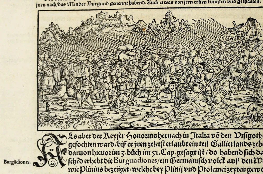 An illustration from Gemeiner loblicher Eydgnoschafft Stetten, Landen vnd Völckeren Chronick wirdiger Thaaten Beschreybung : hieriñ wirt auch die Gelegenheit der gantzen Europe : item ein kurtzuer griffne Chronica Germanie oder Teütschlands : in sonders aber ein fleyssige histori vnd ordenliche Beschreybung Gallie oder Franckrychs fürgestellt : darauff deñ obgedachte der Eydgnoschafft Beschreybung volget ..., 1548, leaf 60
