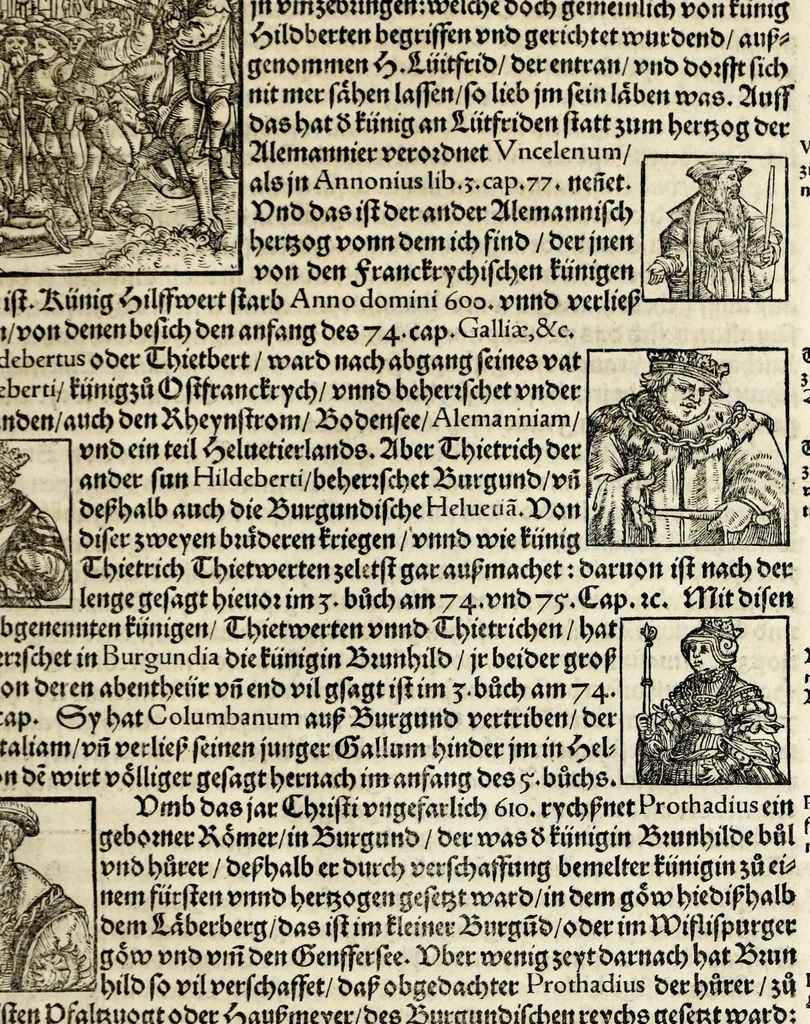 An illustration from Gemeiner loblicher Eydgnoschafft Stetten, Landen vnd Völckeren Chronick wirdiger Thaaten Beschreybung : hieriñ wirt auch die Gelegenheit der gantzen Europe : item ein kurtzuer griffne Chronica Germanie oder Teütschlands : in sonders aber ein fleyssige histori vnd ordenliche Beschreybung Gallie oder Franckrychs fürgestellt : darauff deñ obgedachte der Eydgnoschafft Beschreybung volget ..., 1548, leaf 69
