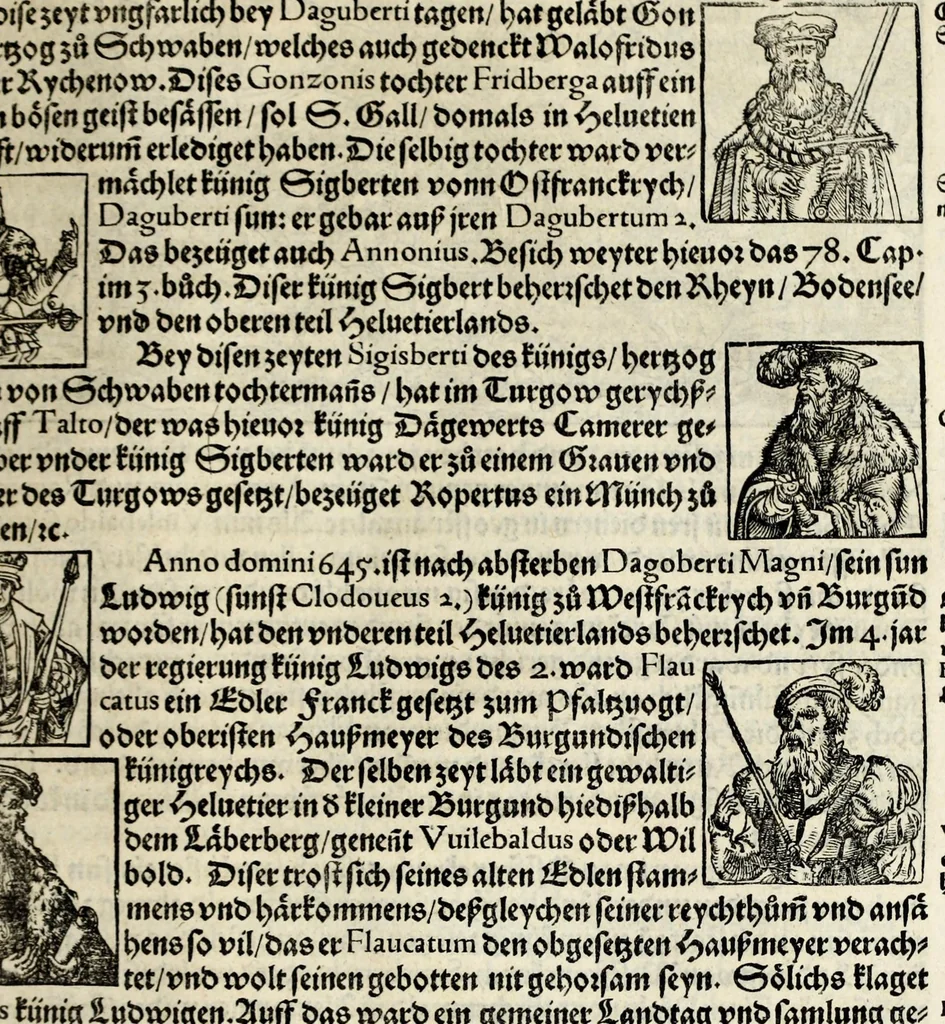 An illustration from Gemeiner loblicher Eydgnoschafft Stetten, Landen vnd Völckeren Chronick wirdiger Thaaten Beschreybung : hieriñ wirt auch die Gelegenheit der gantzen Europe : item ein kurtzuer griffne Chronica Germanie oder Teütschlands : in sonders aber ein fleyssige histori vnd ordenliche Beschreybung Gallie oder Franckrychs fürgestellt : darauff deñ obgedachte der Eydgnoschafft Beschreybung volget ..., 1548, leaf 81