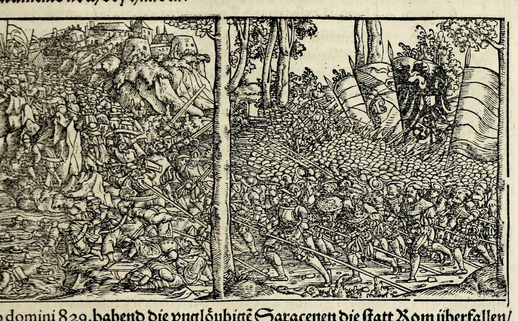 An illustration from Gemeiner loblicher Eydgnoschafft Stetten, Landen vnd Völckeren Chronick wirdiger Thaaten Beschreybung : hieriñ wirt auch die Gelegenheit der gantzen Europe : item ein kurtzuer griffne Chronica Germanie oder Teütschlands : in sonders aber ein fleyssige histori vnd ordenliche Beschreybung Gallie oder Franckrychs fürgestellt : darauff deñ obgedachte der Eydgnoschafft Beschreybung volget ..., 1548, leaf 87