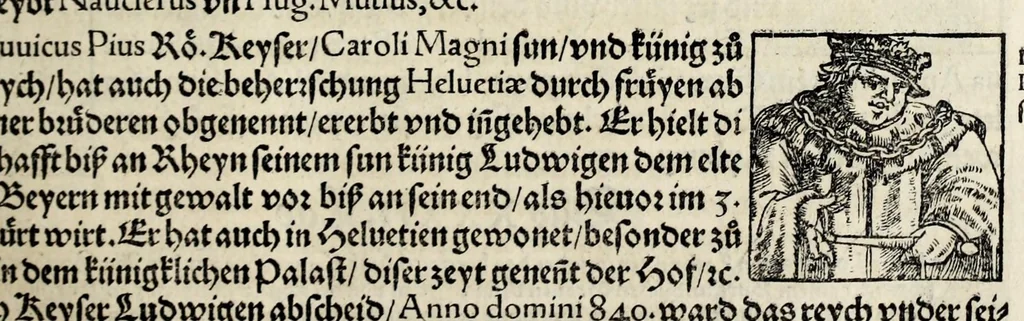 An illustration from Gemeiner loblicher Eydgnoschafft Stetten, Landen vnd Völckeren Chronick wirdiger Thaaten Beschreybung : hieriñ wirt auch die Gelegenheit der gantzen Europe : item ein kurtzuer griffne Chronica Germanie oder Teütschlands : in sonders aber ein fleyssige histori vnd ordenliche Beschreybung Gallie oder Franckrychs fürgestellt : darauff deñ obgedachte der Eydgnoschafft Beschreybung volget ..., 1548, leaf 87