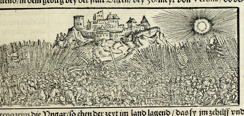 An illustration from Gemeiner loblicher Eydgnoschafft Stetten, Landen vnd Völckeren Chronick wirdiger Thaaten Beschreybung : hieriñ wirt auch die Gelegenheit der gantzen Europe : item ein kurtzuer griffne Chronica Germanie oder Teütschlands : in sonders aber ein fleyssige histori vnd ordenliche Beschreybung Gallie oder Franckrychs fürgestellt : darauff deñ obgedachte der Eydgnoschafft Beschreybung volget ..., 1548, leaf 99