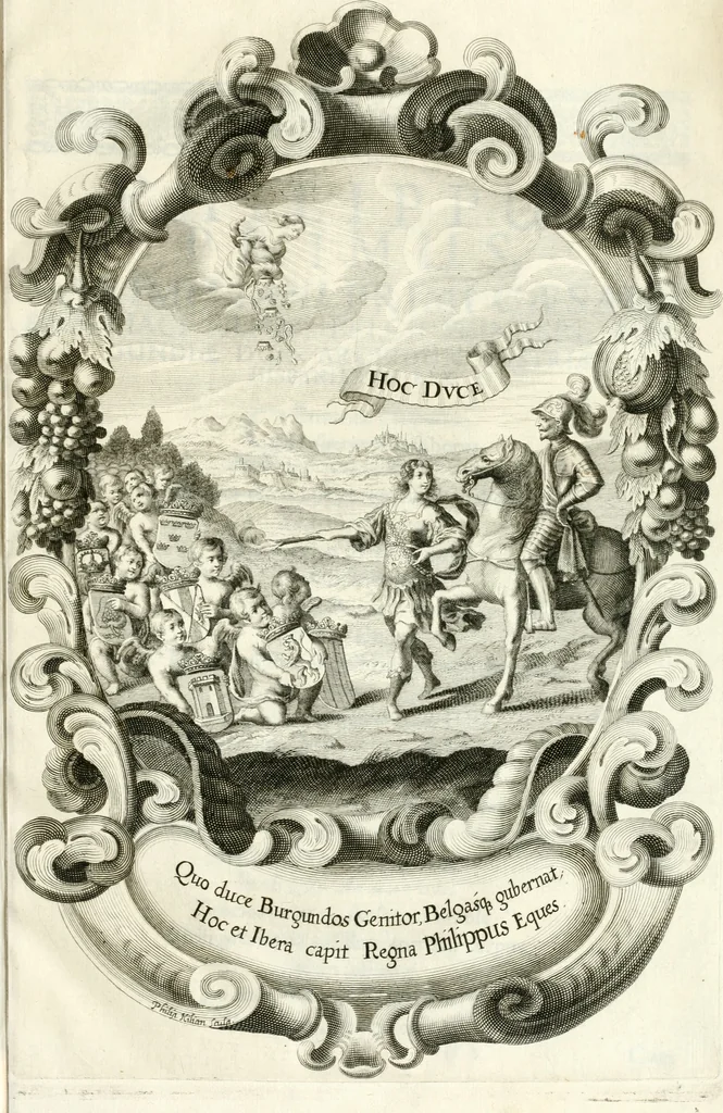An illustration from Genealogia serenissimae domus Austriacae : a Philippo Primo, Rege Hispaniarum, altero Austriacae magnitudinis fundatore, ad Augustissimos Caesares Leopoldum et Margaretham deducta : et eisdem Augustissimis, dum felici et toto orbe desiderato hymenaeo jungerentur, submississime dedicata ab Archiducali Collegio Graecensi Societatis Jesu, 1666, leaf 12