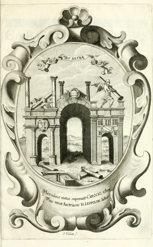 An illustration from Genealogia serenissimae domus Austriacae : a Philippo Primo, Rege Hispaniarum, altero Austriacae magnitudinis fundatore, ad Augustissimos Caesares Leopoldum et Margaretham deducta : et eisdem Augustissimis, dum felici et toto orbe desiderato hymenaeo jungerentur, submississime dedicata ab Archiducali Collegio Graecensi Societatis Jesu, 1666, leaf 20