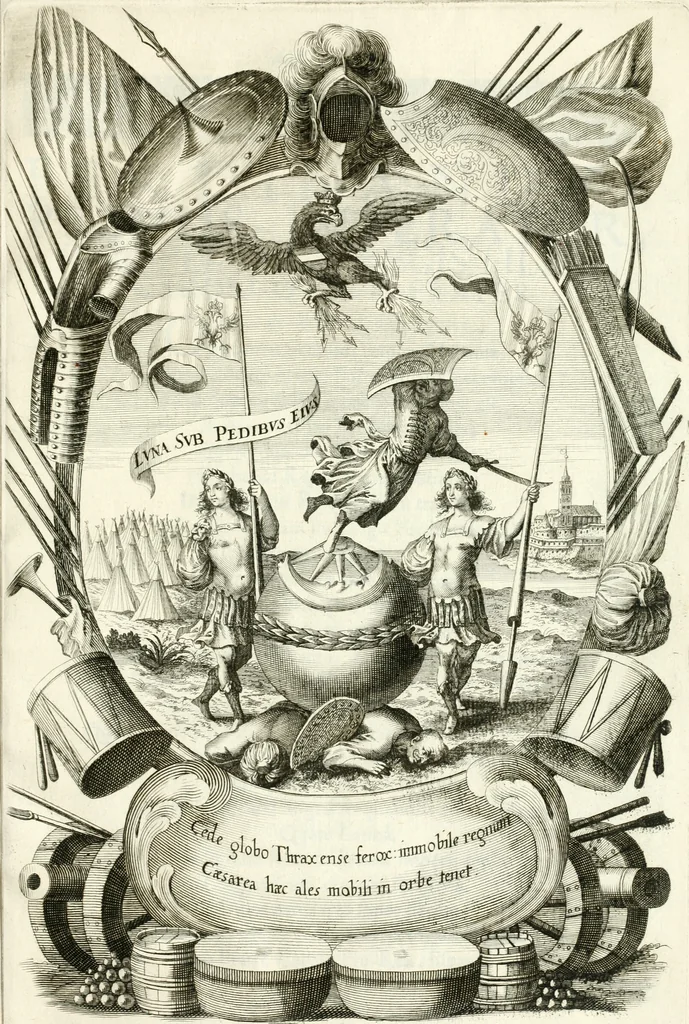 An illustration from Genealogia serenissimae domus Austriacae : a Philippo Primo, Rege Hispaniarum, altero Austriacae magnitudinis fundatore, ad Augustissimos Caesares Leopoldum et Margaretham deducta : et eisdem Augustissimis, dum felici et toto orbe desiderato hymenaeo jungerentur, submississime dedicata ab Archiducali Collegio Graecensi Societatis Jesu, 1666, leaf 26