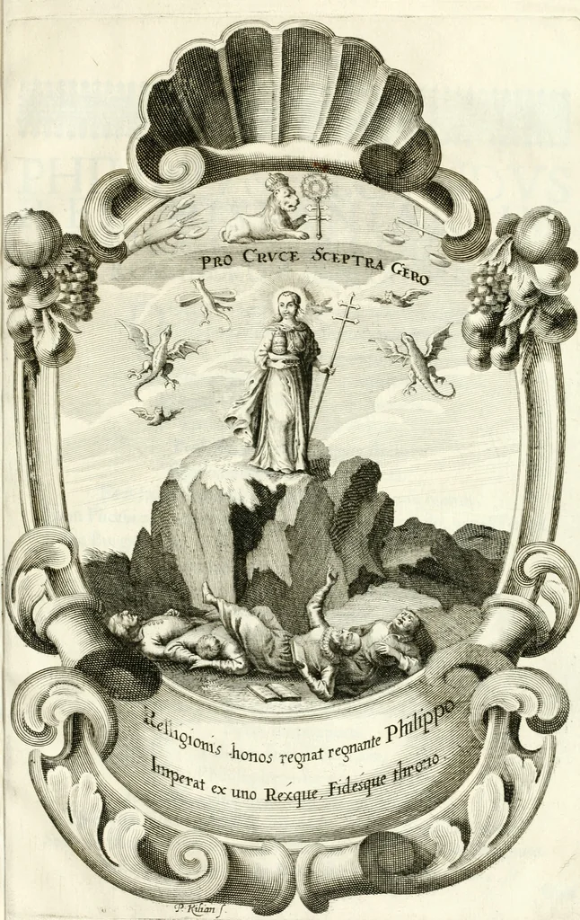 An illustration from Genealogia serenissimae domus Austriacae : a Philippo Primo, Rege Hispaniarum, altero Austriacae magnitudinis fundatore, ad Augustissimos Caesares Leopoldum et Margaretham deducta : et eisdem Augustissimis, dum felici et toto orbe desiderato hymenaeo jungerentur, submississime dedicata ab Archiducali Collegio Graecensi Societatis Jesu, 1666, leaf 32