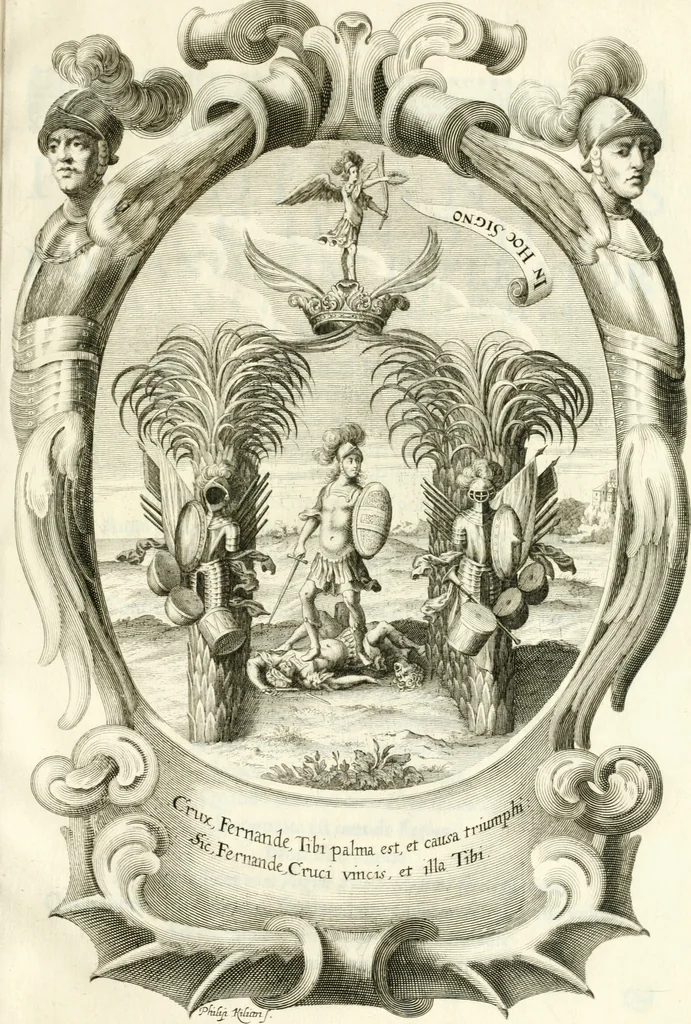 An illustration from Genealogia serenissimae domus Austriacae : a Philippo Primo, Rege Hispaniarum, altero Austriacae magnitudinis fundatore, ad Augustissimos Caesares Leopoldum et Margaretham deducta : et eisdem Augustissimis, dum felici et toto orbe desiderato hymenaeo jungerentur, submississime dedicata ab Archiducali Collegio Graecensi Societatis Jesu, 1666, leaf 44