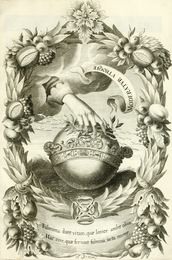 An illustration from Genealogia serenissimae domus Austriacae : a Philippo Primo, Rege Hispaniarum, altero Austriacae magnitudinis fundatore, ad Augustissimos Caesares Leopoldum et Margaretham deducta : et eisdem Augustissimis, dum felici et toto orbe desiderato hymenaeo jungerentur, submississime dedicata ab Archiducali Collegio Graecensi Societatis Jesu, 1666, leaf 50