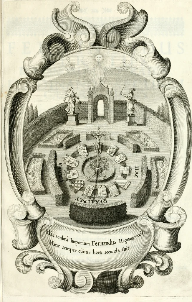 An illustration from Genealogia serenissimae domus Austriacae : a Philippo Primo, Rege Hispaniarum, altero Austriacae magnitudinis fundatore, ad Augustissimos Caesares Leopoldum et Margaretham deducta : et eisdem Augustissimis, dum felici et toto orbe desiderato hymenaeo jungerentur, submississime dedicata ab Archiducali Collegio Graecensi Societatis Jesu, 1666, leaf 56