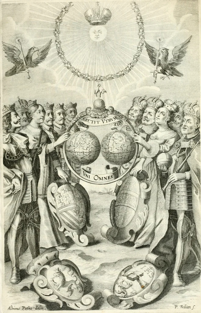 An illustration from Genealogia serenissimae domus Austriacae : a Philippo Primo, Rege Hispaniarum, altero Austriacae magnitudinis fundatore, ad Augustissimos Caesares Leopoldum et Margaretham deducta : et eisdem Augustissimis, dum felici et toto orbe desiderato hymenaeo jungerentur, submississime dedicata ab Archiducali Collegio Graecensi Societatis Jesu, 1666, leaf 6