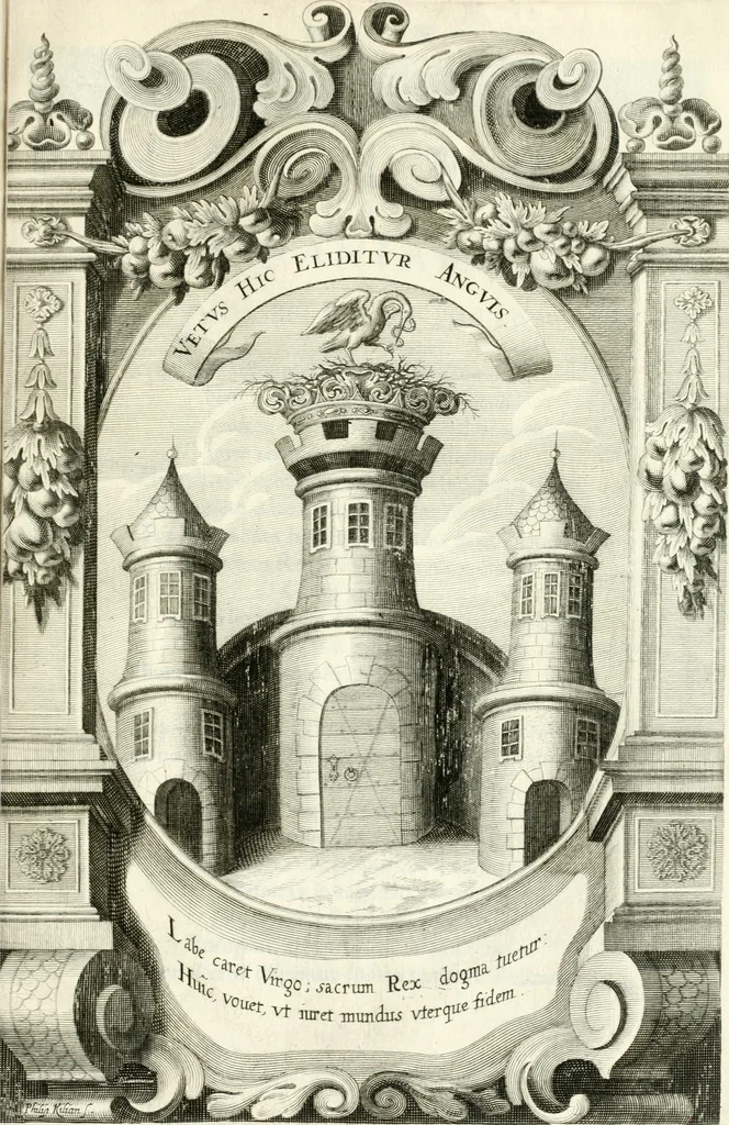 An illustration from Genealogia serenissimae domus Austriacae : a Philippo Primo, Rege Hispaniarum, altero Austriacae magnitudinis fundatore, ad Augustissimos Caesares Leopoldum et Margaretham deducta : et eisdem Augustissimis, dum felici et toto orbe desiderato hymenaeo jungerentur, submississime dedicata ab Archiducali Collegio Graecensi Societatis Jesu, 1666, leaf 62
