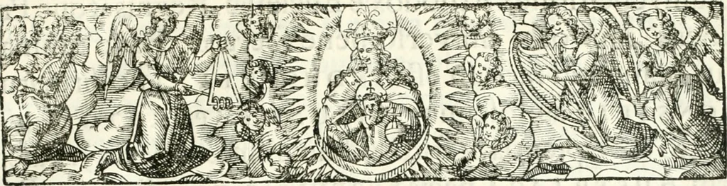 An illustration from Genealogia serenissimae domus Austriacae : a Philippo Primo, Rege Hispaniarum, altero Austriacae magnitudinis fundatore, ad Augustissimos Caesares Leopoldum et Margaretham deducta : et eisdem Augustissimis, dum felici et toto orbe desiderato hymenaeo jungerentur, submississime dedicata ab Archiducali Collegio Graecensi Societatis Jesu, 1666, leaf 8