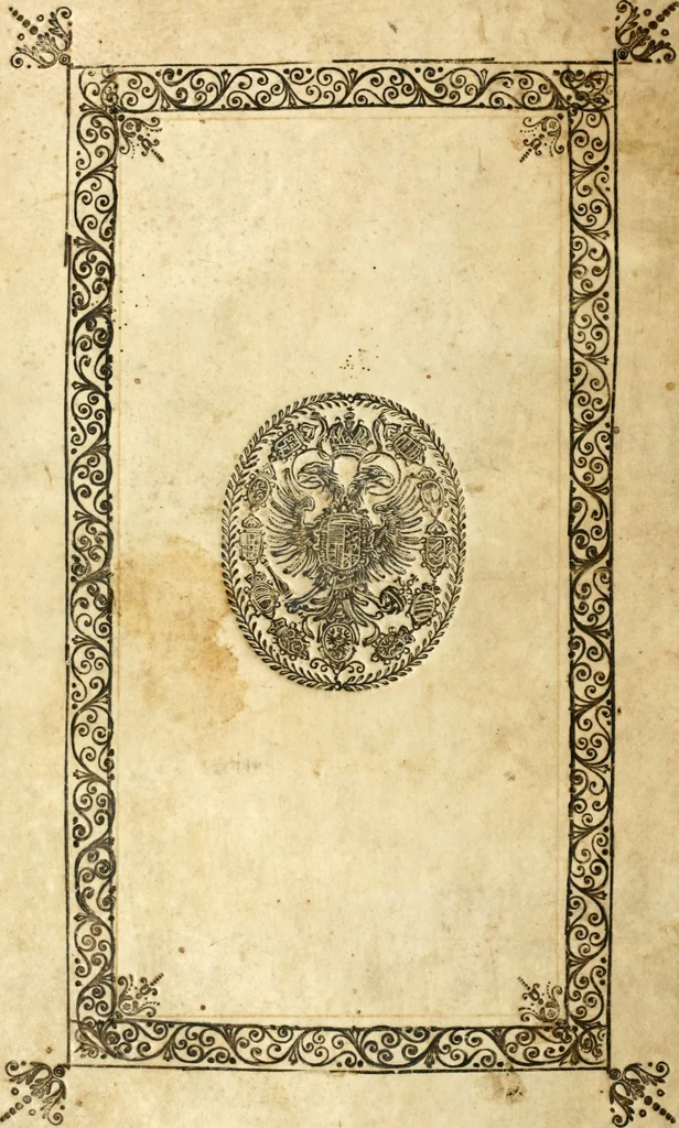 An illustration from Genealogia serenissimae domus Austriacae : a Philippo Primo, Rege Hispaniarum, altero Austriacae magnitudinis fundatore, ad Augustissimos Caesares Leopoldum et Margaretham deducta : et eisdem Augustissimis, dum felici et toto orbe desiderato hymenaeo jungerentur, submississime dedicata ab Archiducali Collegio Graecensi Societatis Jesu, 1666, leaf 87