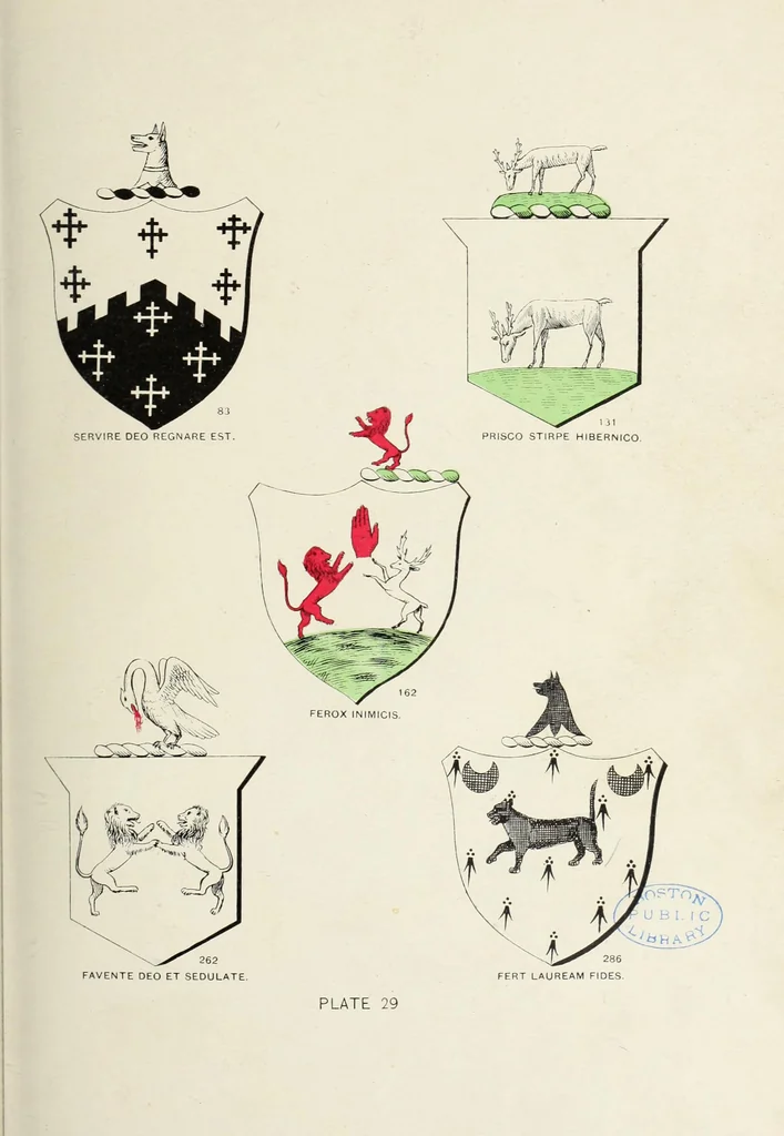 An illustration from A genealogical history of Irish families : with their crests and armorial bearings, 1895, leaf 109