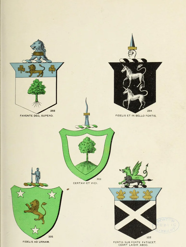 An illustration from A genealogical history of Irish families : with their crests and armorial bearings, 1895, leaf 113