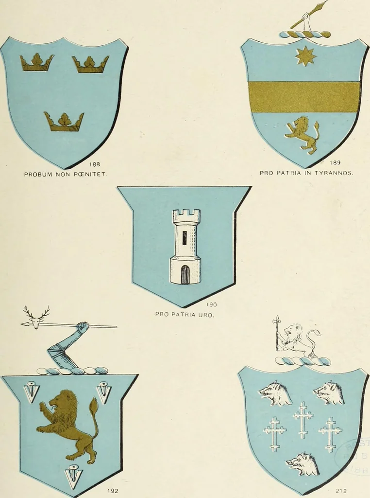 An illustration from A genealogical history of Irish families : with their crests and armorial bearings, 1895, leaf 125