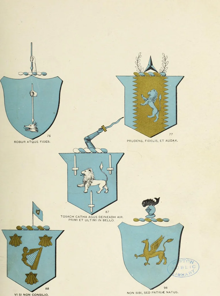 An illustration from A genealogical history of Irish families : with their crests and armorial bearings, 1895, leaf 147