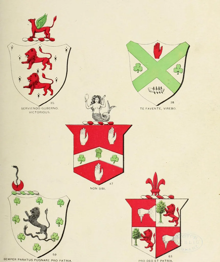 An illustration from A genealogical history of Irish families : with their crests and armorial bearings, 1895, leaf 153