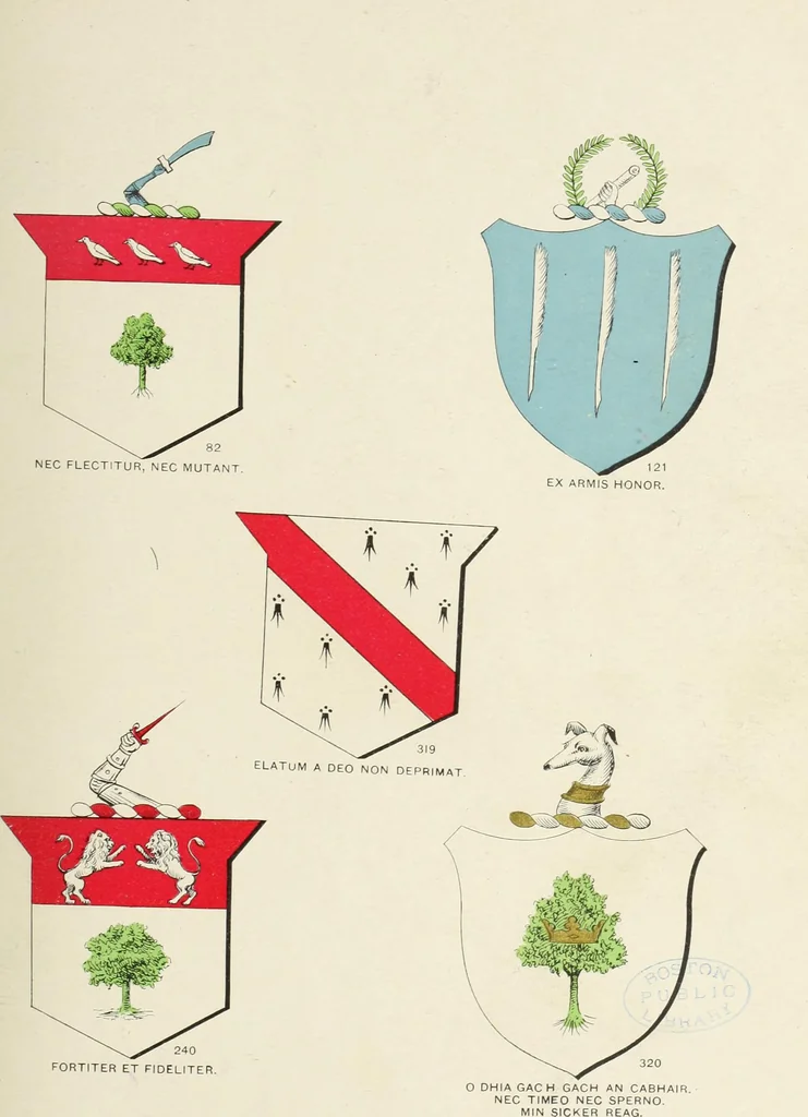 An illustration from A genealogical history of Irish families : with their crests and armorial bearings, 1895, leaf 155