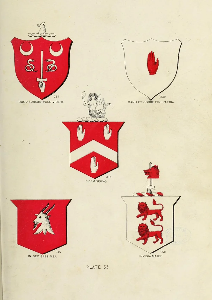 An illustration from A genealogical history of Irish families : with their crests and armorial bearings, 1895, leaf 157