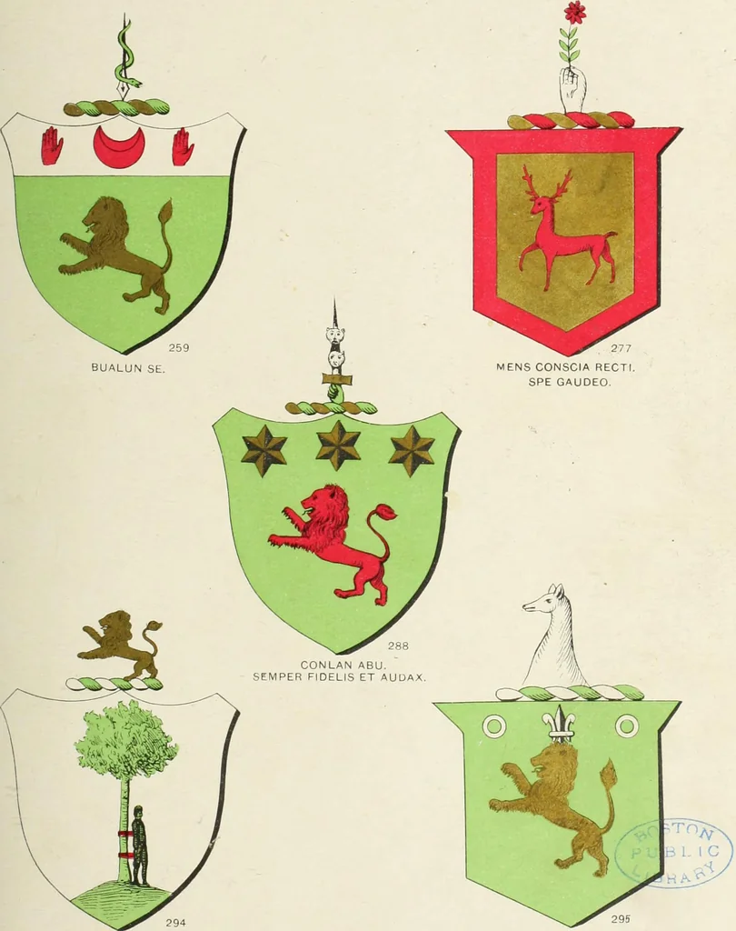 An illustration from A genealogical history of Irish families : with their crests and armorial bearings, 1895, leaf 159