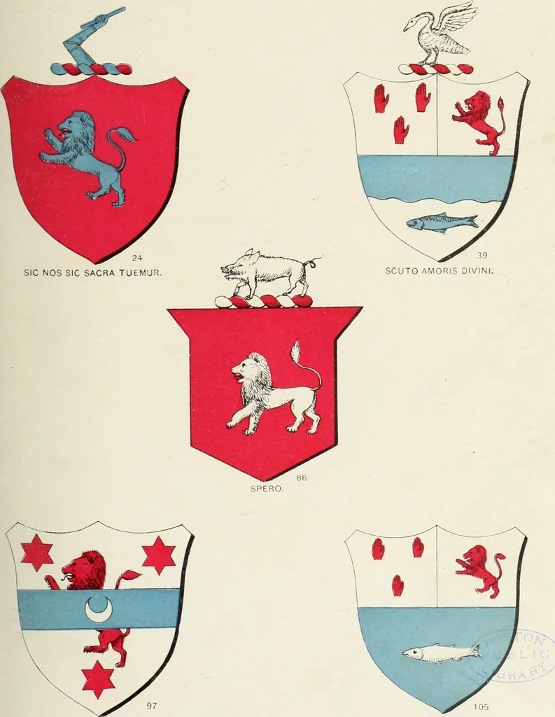 An illustration from A genealogical history of Irish families : with their crests and armorial bearings, 1895, leaf 173