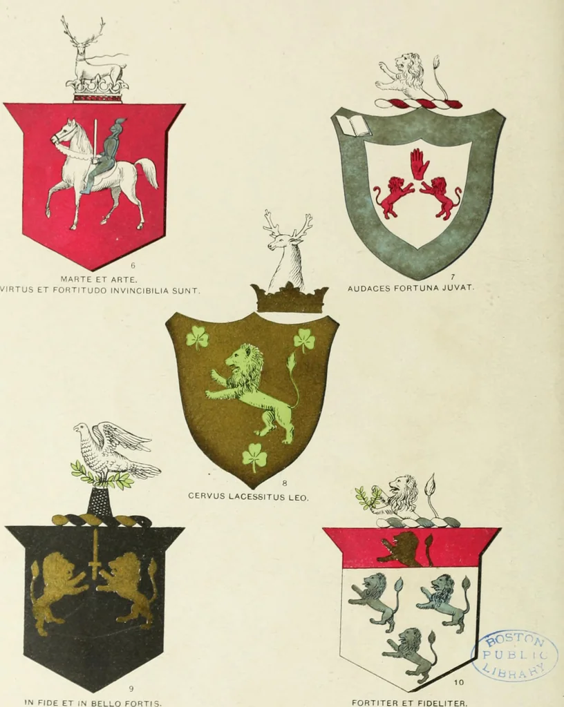 An illustration from A genealogical history of Irish families : with their crests and armorial bearings, 1895, leaf 56