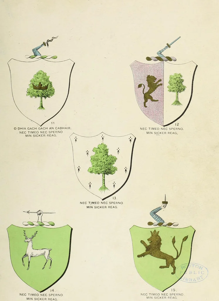 An illustration from A genealogical history of Irish families : with their crests and armorial bearings, 1895, leaf 57