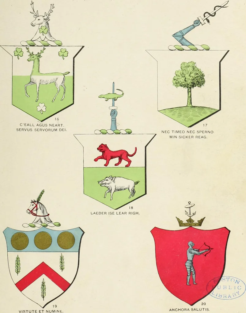 An illustration from A genealogical history of Irish families : with their crests and armorial bearings, 1895, leaf 59