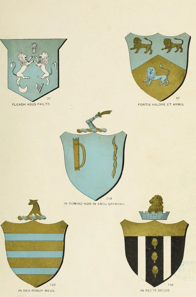An illustration from A genealogical history of Irish families : with their crests and armorial bearings, 1895, leaf 65