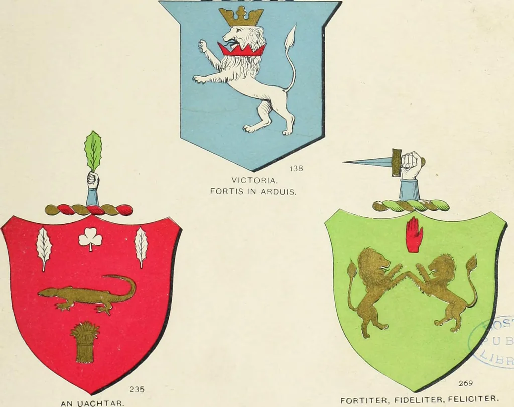 An illustration from A genealogical history of Irish families : with their crests and armorial bearings, 1895, leaf 73