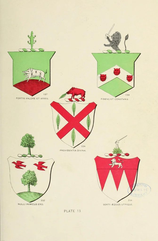 An illustration from A genealogical history of Irish families : with their crests and armorial bearings, 1895, leaf 77