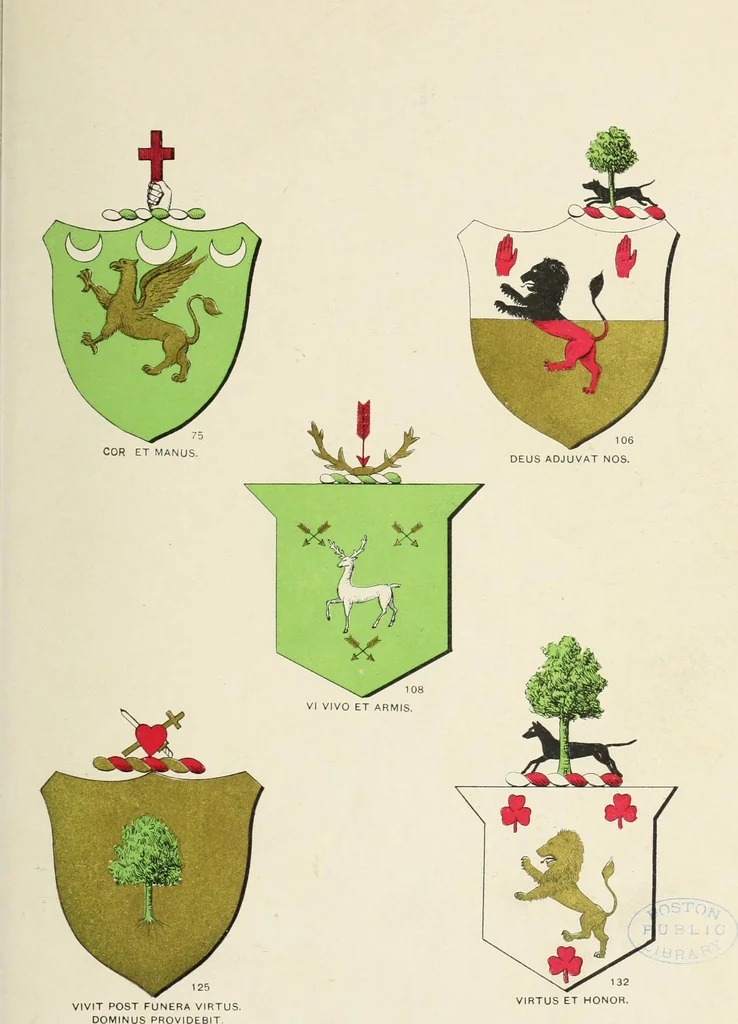 An illustration from A genealogical history of Irish families : with their crests and armorial bearings, 1895, leaf 79