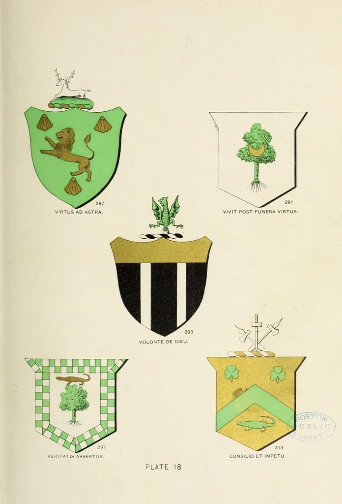 An illustration from A genealogical history of Irish families : with their crests and armorial bearings, 1895, leaf 87