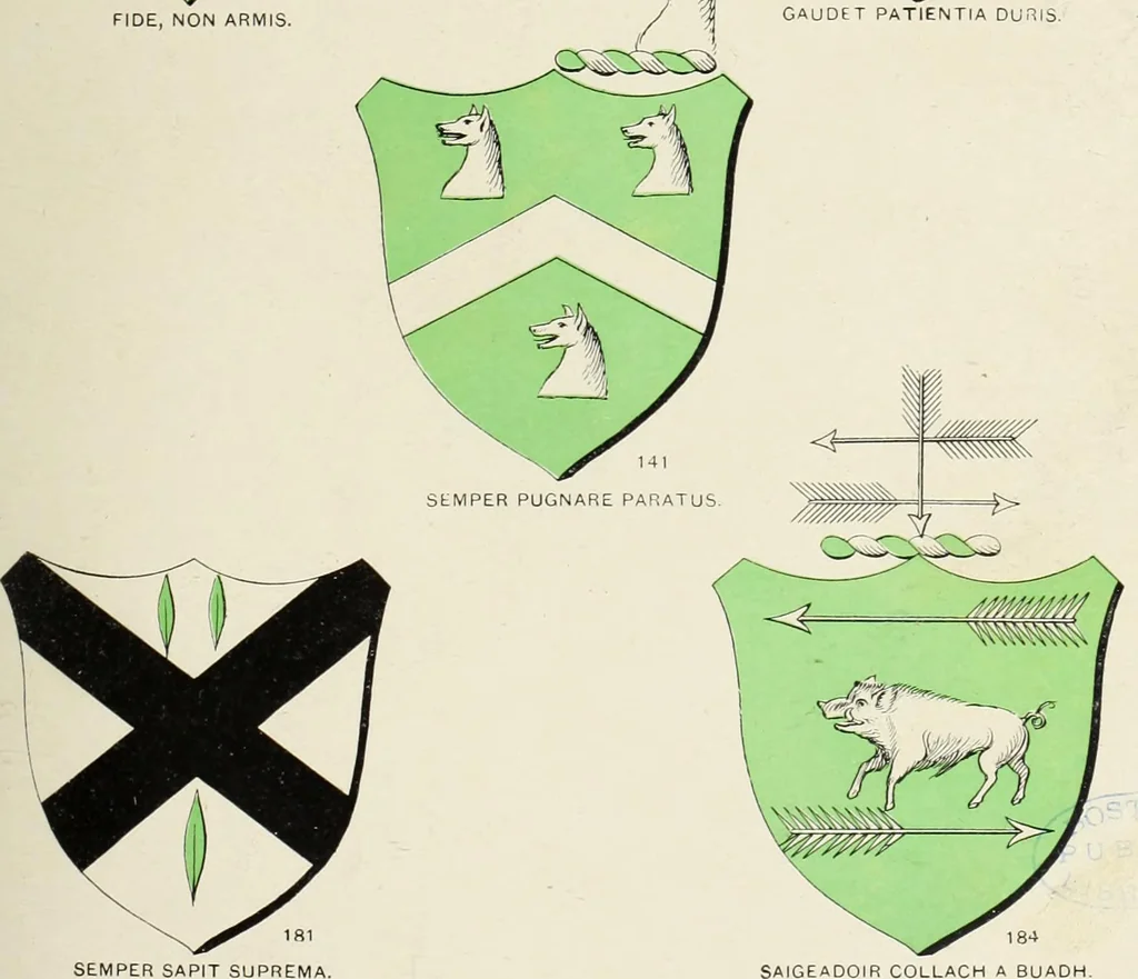 An illustration from A genealogical history of Irish families : with their crests and armorial bearings, 1895, leaf 93
