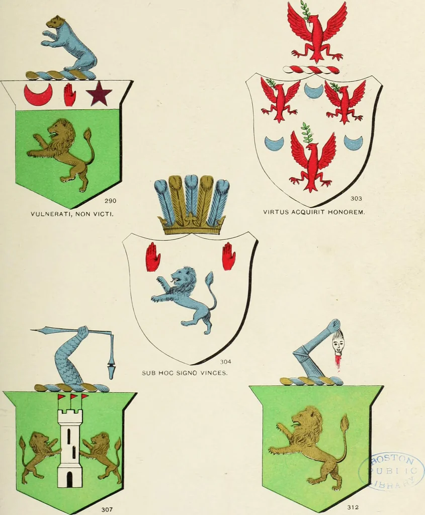 An illustration from A genealogical history of Irish families : with their crests and armorial bearings, 1895, leaf 99