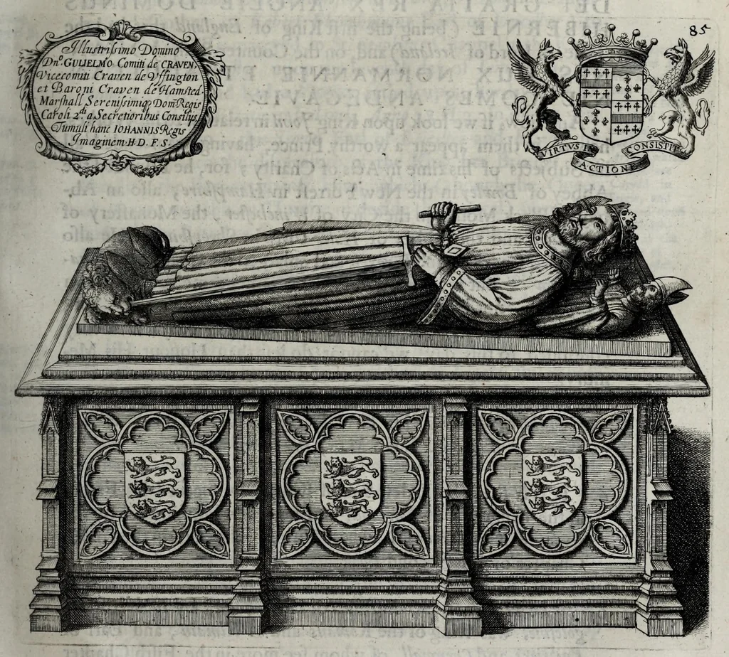 An illustration from A genealogical history of the kings of England, and monarchs of Great Britain, &c. : from the Conquest, anno 1066, to the year 1677 : in seven parts or books containing a discourse of their several lives, marriages, and issues ... with their effigies, seals, tombs ... all engraven in copper plates : furnished with several remarques and annotations, 1677, leaf 119