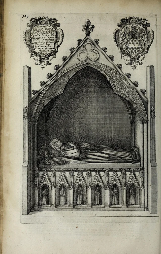 An illustration from A genealogical history of the kings of England, and monarchs of Great Britain, &c. : from the Conquest, anno 1066, to the year 1677 : in seven parts or books containing a discourse of their several lives, marriages, and issues ... with their effigies, seals, tombs ... all engraven in copper plates : furnished with several remarques and annotations, 1677, leaf 154