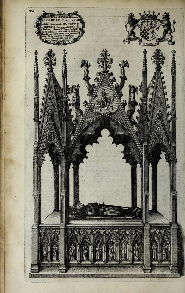 An illustration from A genealogical history of the kings of England, and monarchs of Great Britain, &c. : from the Conquest, anno 1066, to the year 1677 : in seven parts or books containing a discourse of their several lives, marriages, and issues ... with their effigies, seals, tombs ... all engraven in copper plates : furnished with several remarques and annotations, 1677, leaf 158