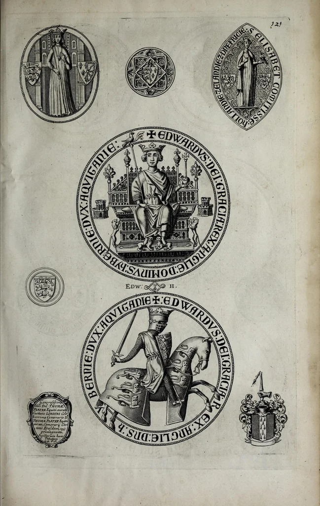 An illustration from A genealogical history of the kings of England, and monarchs of Great Britain, &c. : from the Conquest, anno 1066, to the year 1677 : in seven parts or books containing a discourse of their several lives, marriages, and issues ... with their effigies, seals, tombs ... all engraven in copper plates : furnished with several remarques and annotations, 1677, leaf 175