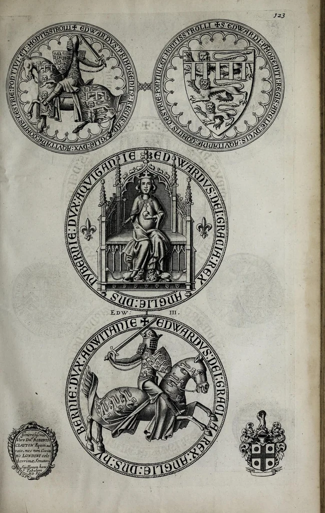 An illustration from A genealogical history of the kings of England, and monarchs of Great Britain, &c. : from the Conquest, anno 1066, to the year 1677 : in seven parts or books containing a discourse of their several lives, marriages, and issues ... with their effigies, seals, tombs ... all engraven in copper plates : furnished with several remarques and annotations, 1677, leaf 177