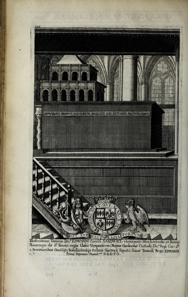 An illustration from A genealogical history of the kings of England, and monarchs of Great Britain, &c. : from the Conquest, anno 1066, to the year 1677 : in seven parts or books containing a discourse of their several lives, marriages, and issues ... with their effigies, seals, tombs ... all engraven in copper plates : furnished with several remarques and annotations, 1677, leaf 190