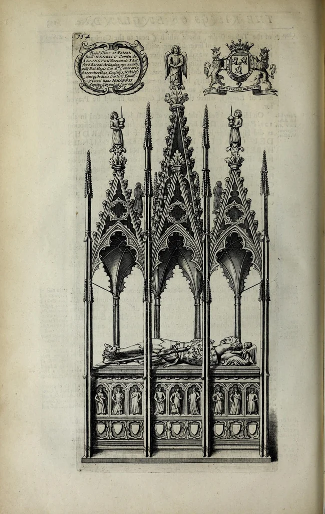 An illustration from A genealogical history of the kings of England, and monarchs of Great Britain, &c. : from the Conquest, anno 1066, to the year 1677 : in seven parts or books containing a discourse of their several lives, marriages, and issues ... with their effigies, seals, tombs ... all engraven in copper plates : furnished with several remarques and annotations, 1677, leaf 212