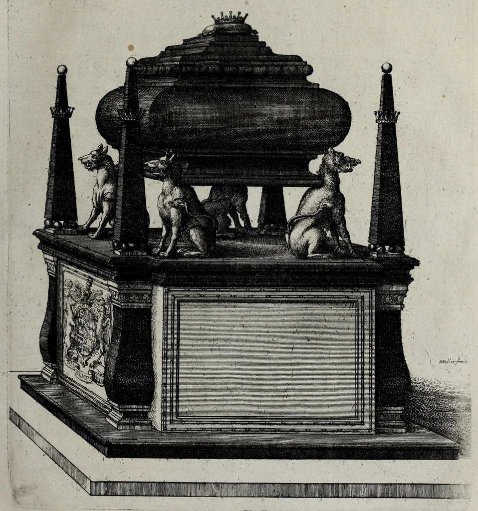 An illustration from A genealogical history of the kings of England, and monarchs of Great Britain, &c. : from the Conquest, anno 1066, to the year 1677 : in seven parts or books containing a discourse of their several lives, marriages, and issues ... with their effigies, seals, tombs ... all engraven in copper plates : furnished with several remarques and annotations, 1677, leaf 297