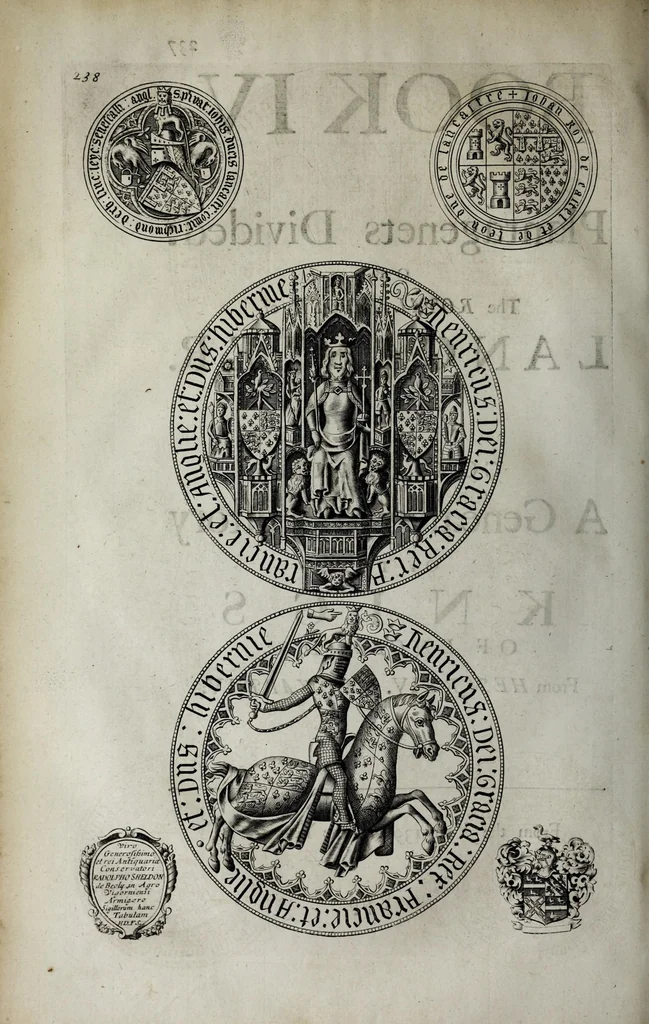 An illustration from A genealogical history of the kings of England, and monarchs of Great Britain, &c. : from the Conquest, anno 1066, to the year 1677 : in seven parts or books containing a discourse of their several lives, marriages, and issues ... with their effigies, seals, tombs ... all engraven in copper plates : furnished with several remarques and annotations, 1677, leaf 300